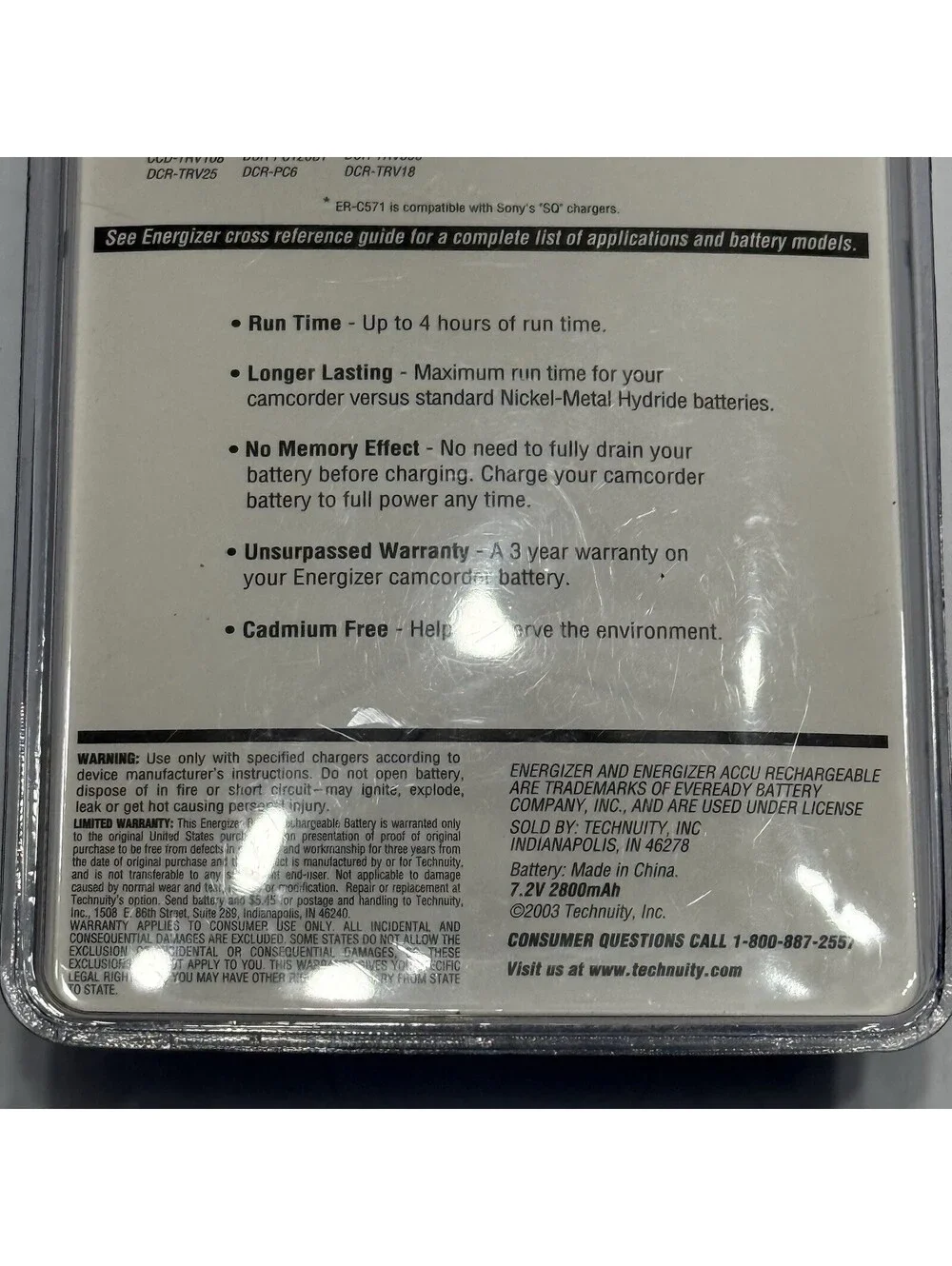 Energizer Lithium Ion Camcorder Battery Model (ER-C571) Brand New Sealed Package